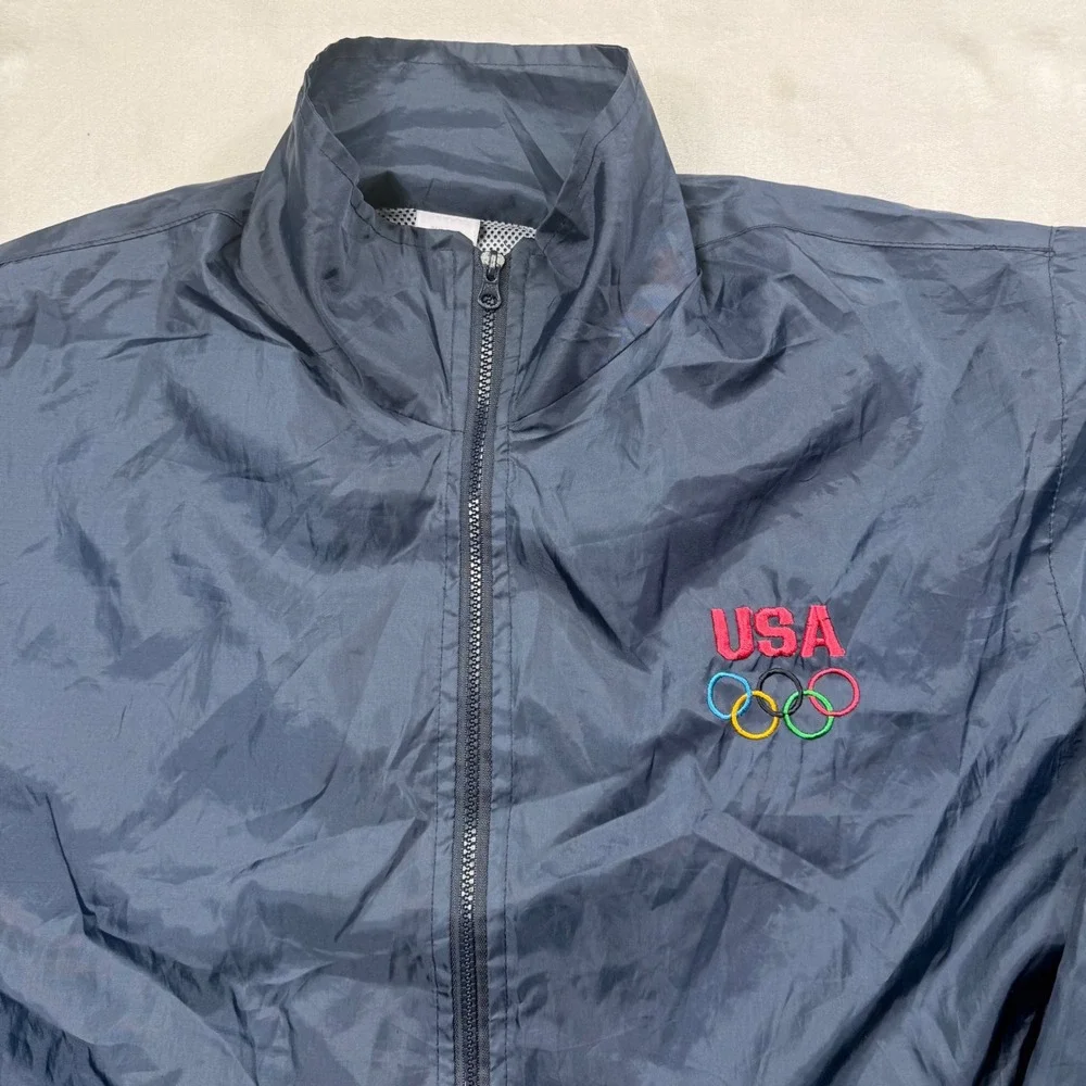 USA Olympics Windbreaker Jacket Mens XL Navy Blue Mesh Lined Full Zip Vintage